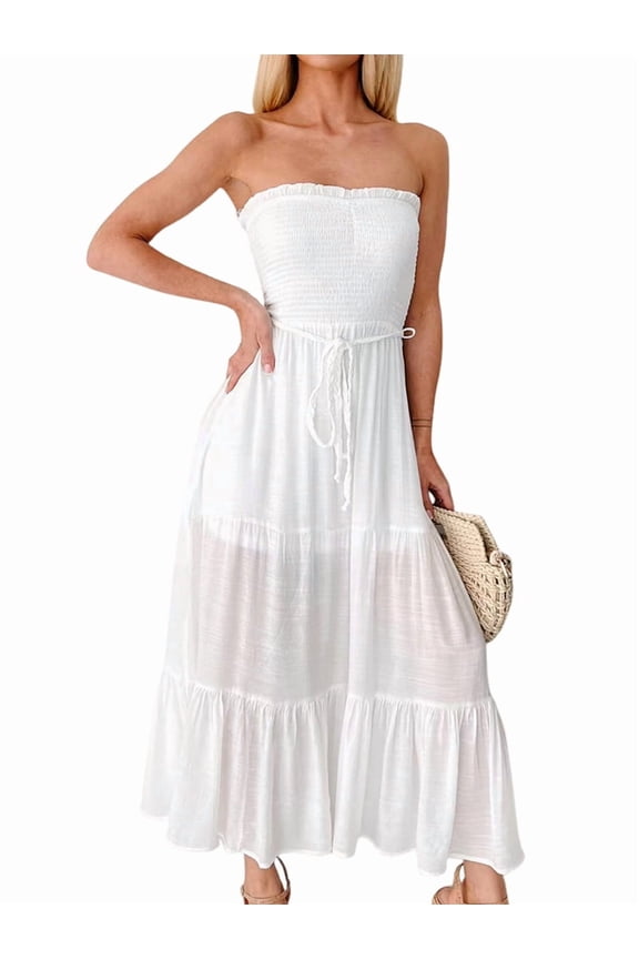 Women'S Summer Maxi Dress Casual Bohemian Style Backless Bandeau Ruffled Multi-Layered Long Beach Sundress White L