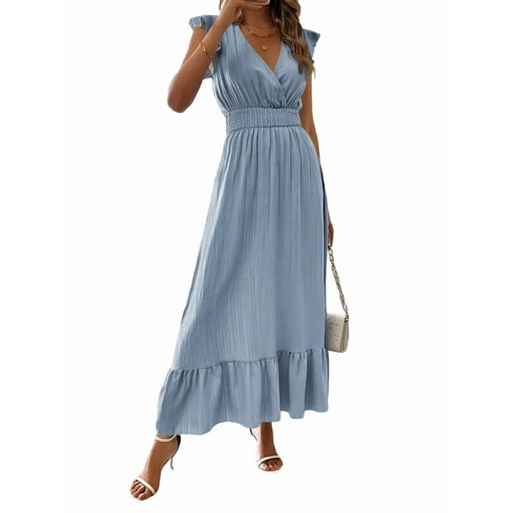 Women'S Summer Maxi Dress Elegant V Neck Ruffle Flowing Sleeves Waist Pleated Flowing Wedding Guest Dress  Blue L
