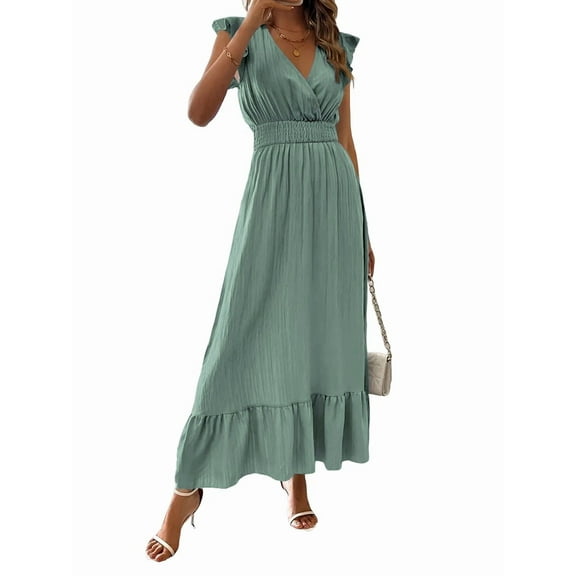 Women'S Summer Maxi Dress Elegant V Neck Ruffle Flowing Sleeves Waist Pleated Flowing Wedding Guest Dress Light Green M