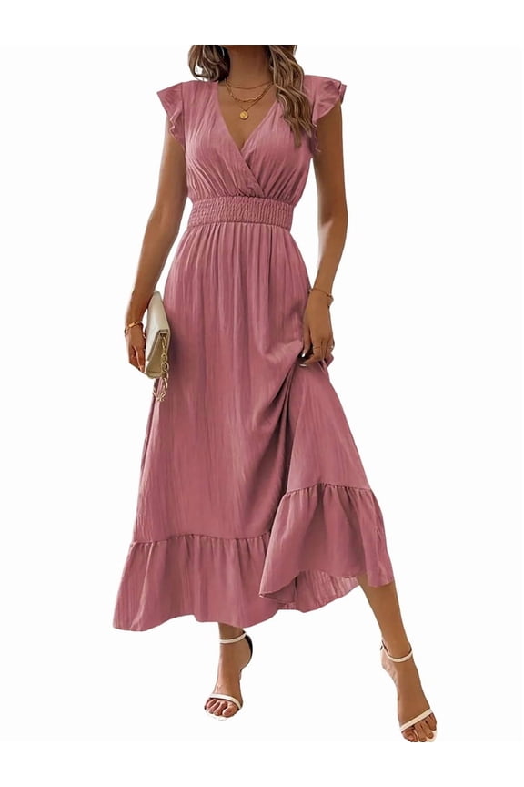 Women'S Summer Maxi Dress Elegant V Neck Ruffle Flowing Sleeves Waist Pleated Flowing Wedding Guest Dress Pink L