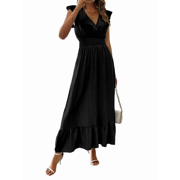 Women'S Summer Maxi Dress Elegant V Neck Ruffle Flowing Sleeves Waist Pleated Flowing Wedding Guest Dress