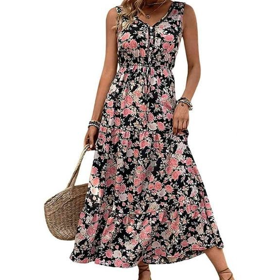 Women'S Summer Maxi Dress Floral Tie Front Casual Boho Beach Flowy Sundress Black L