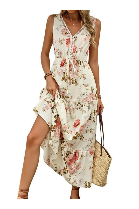 Women'S Summer Maxi Dress Floral Tie Front Casual Boho Beach Flowy Sundress White 1 S