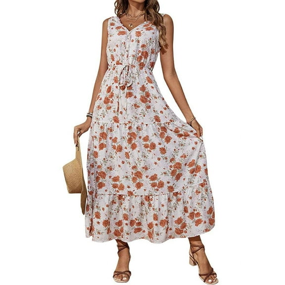 Women'S Summer Maxi Dress Floral Tie Front Casual Boho Beach Flowy Sundress White