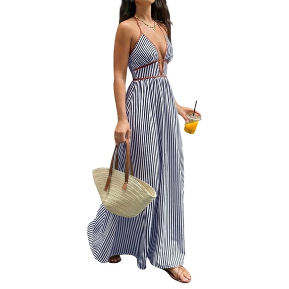 Women'S Summer Maxi Dress Halter V Neck Beach Dress for Casual Vacation Wear Royal Blue S