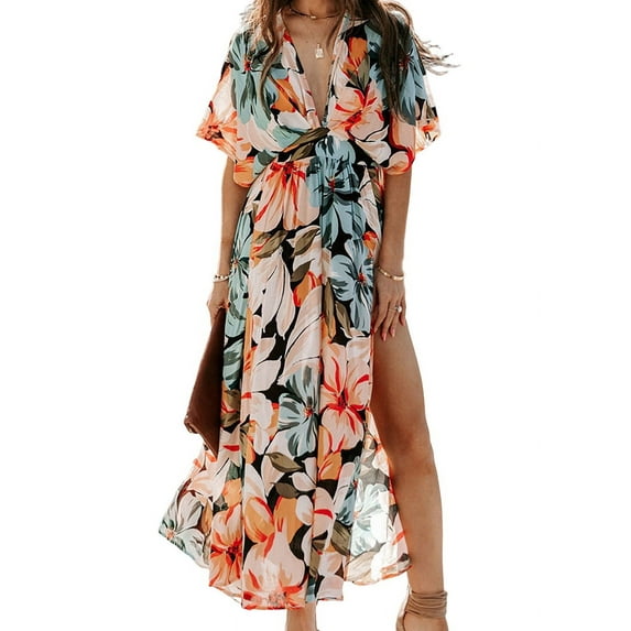 Women'S Summer Maxi Dress Short Sleeve V Neck Casual Loose Long Beach Split Dresses Orange Color M