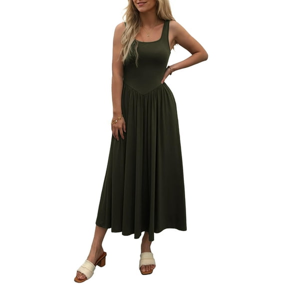 Women'S Summer Maxi Dress Sleeveless Square Neck Casual Beach Sundress with Pockets, Flowy Patchwork Knit Army Green S