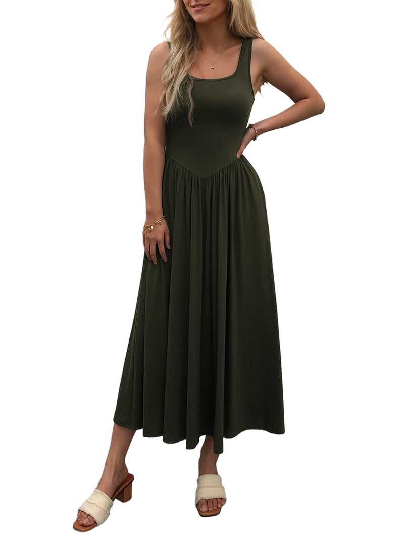 Women'S Summer Maxi Dress Sleeveless Square Neck Casual Beach Sundress with Pockets, Flowy Patchwork Knit Army Green XL