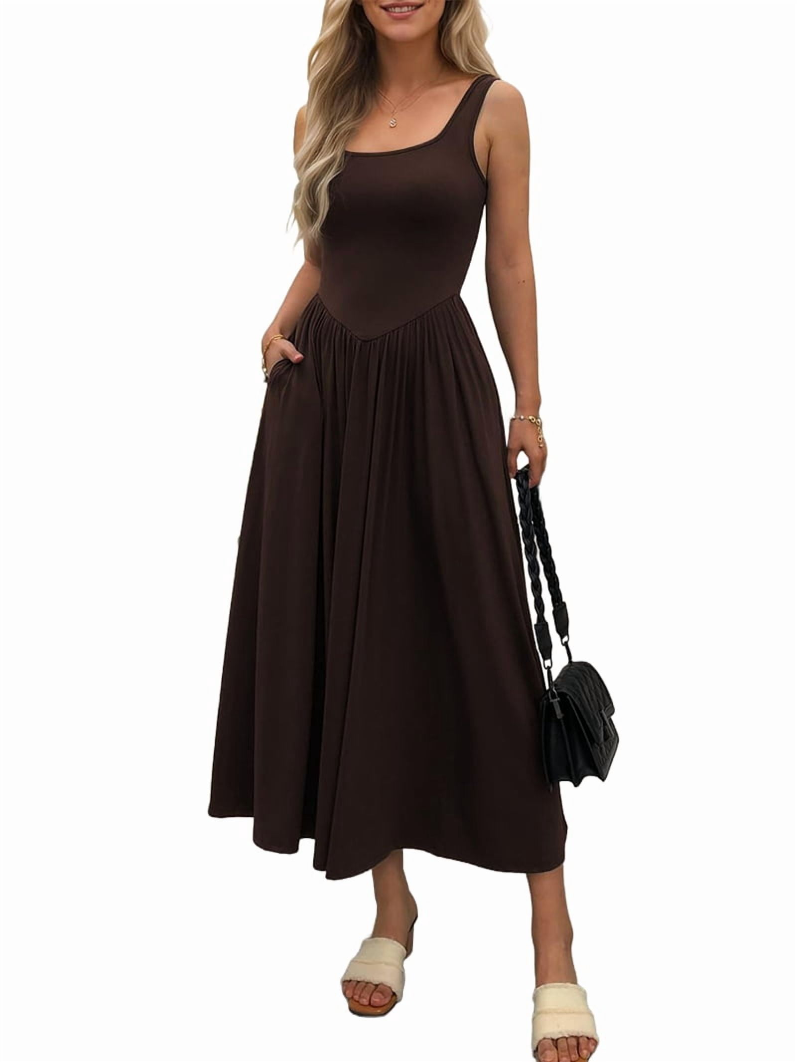 Women'S Summer Maxi Dress Sleeveless Square Neck Casual Beach Sundress with Pockets, Flowy Patchwork Knit Coffee Color L