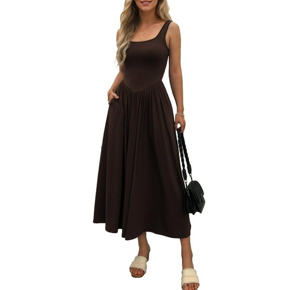 Women'S Summer Maxi Dress Sleeveless Square Neck Casual Beach Sundress with Pockets, Flowy Patchwork Knit Coffee Color M