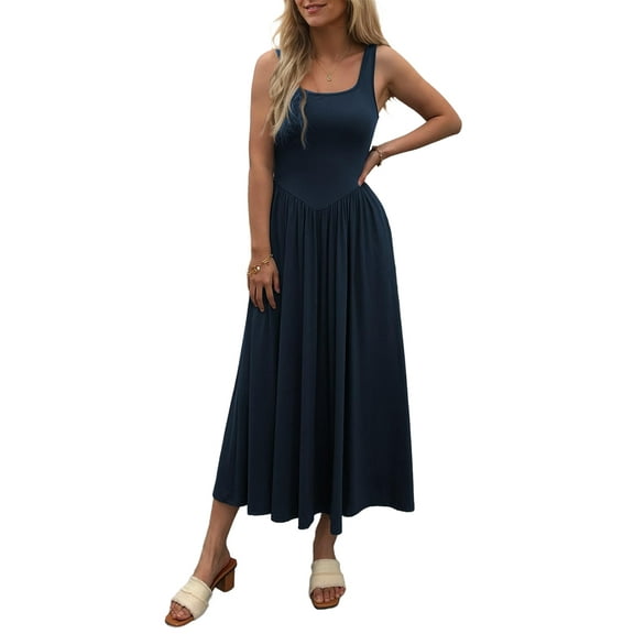 Women'S Summer Maxi Dress Sleeveless Square Neck Casual Beach Sundress with Pockets, Flowy Patchwork Knit Navy Blue M