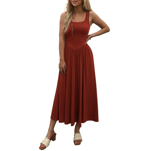 Women'S Summer Maxi Dress Sleeveless Square Neck Casual Beach Sundress with Pockets, Flowy Patchwork Knit Red L