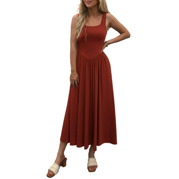 Women'S Summer Maxi Dress Sleeveless Square Neck Casual Beach Sundress with Pockets, Flowy Patchwork Knit Red XL