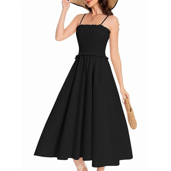 Women'S Summer Maxi Dress Sleeveless Sundress Strap Smocked Beach Dresses Black S