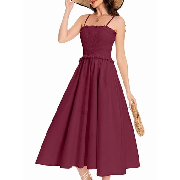 Women'S Summer Maxi Dress Sleeveless Sundress Strap Smocked Beach Dresses Wine Red XXL