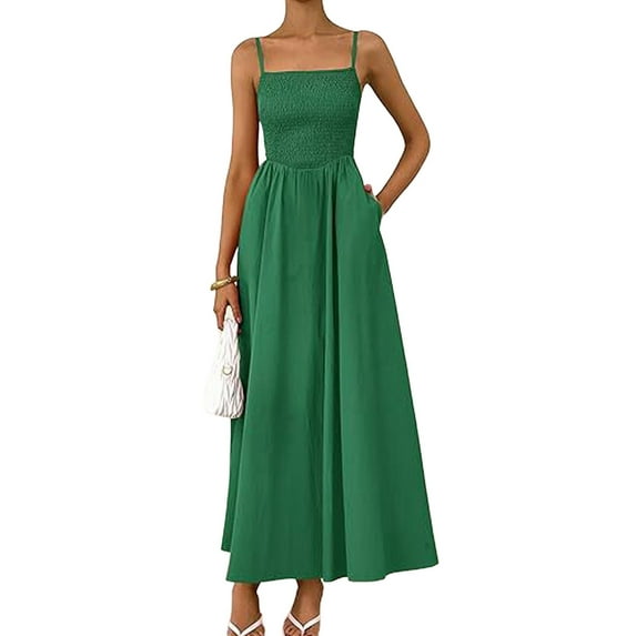 Women'S Summer Maxi Dresses Beach Sundress Casual Spaghetti Strap Smocked Swing A Line Long Flowy Dress Dark Green S
