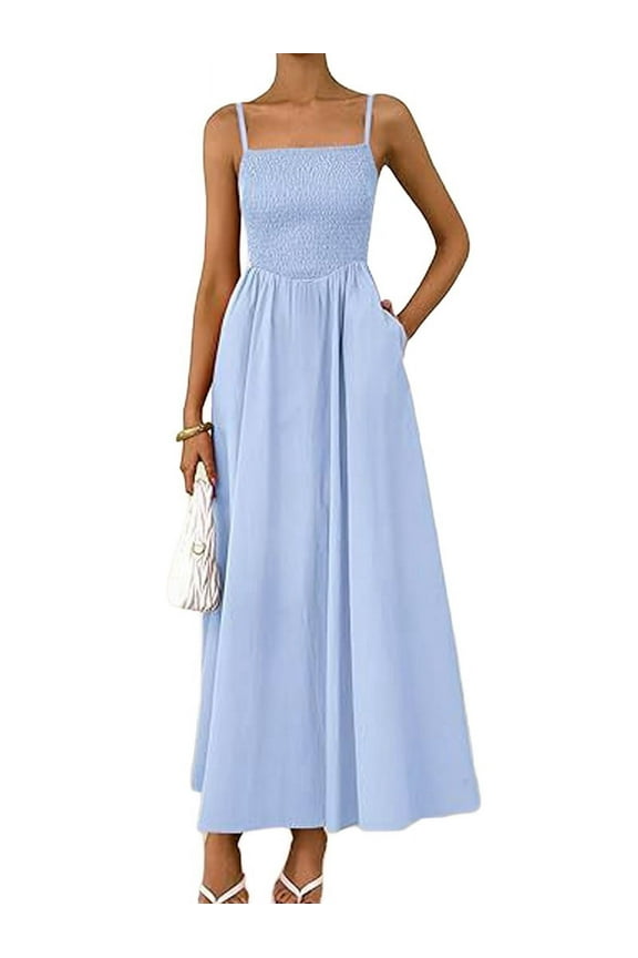 Women'S Summer Maxi Dresses Beach Sundress Casual Spaghetti Strap Smocked Swing A Line Long Flowy Dress Light Blue L