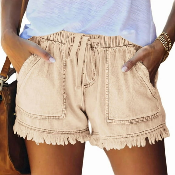 Women'S Summer Mid Waist Elastic Denim Shorts Stretchy Short Casual Hot Pants with Pockets Light Khaki S
