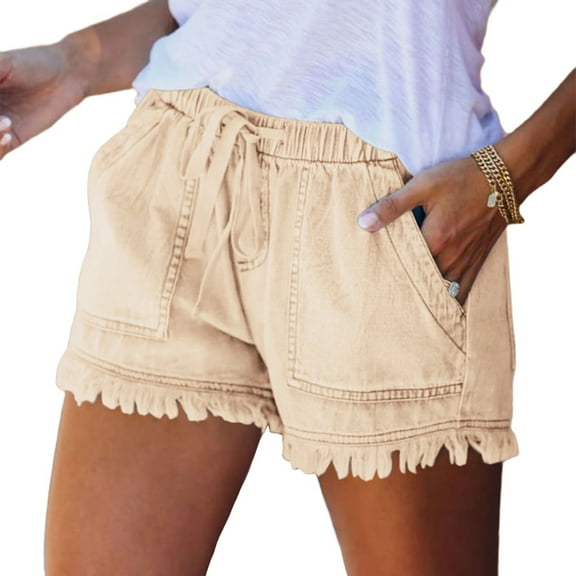 Women'S Summer Mid Waist Elastic Denim Shorts Stretchy Short Casual Hot Pants with Pockets Light Khaki S