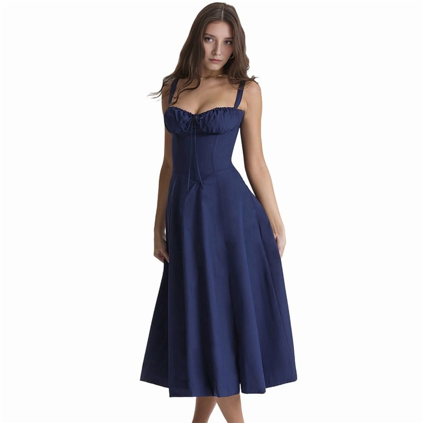 Women'S Summer Midi Corset Boho Dresses Casual Spaghetti Straps Lace Up Dress Flowy Aline Beach Sundress Navy Blue S