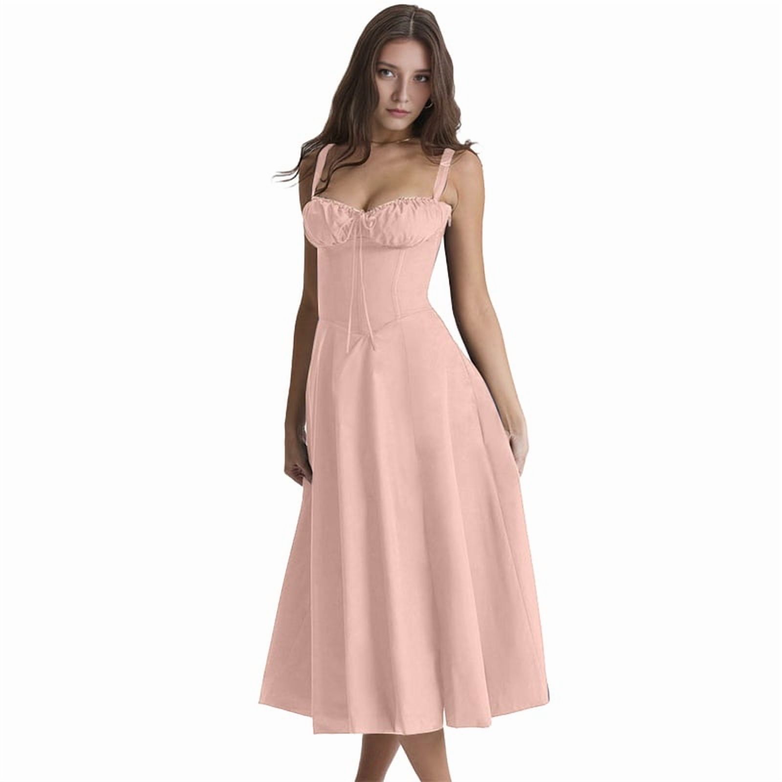 Women'S Summer Midi Corset Boho Dresses Casual Spaghetti Straps Lace Up Dress Flowy Aline Beach Sundress Pink S