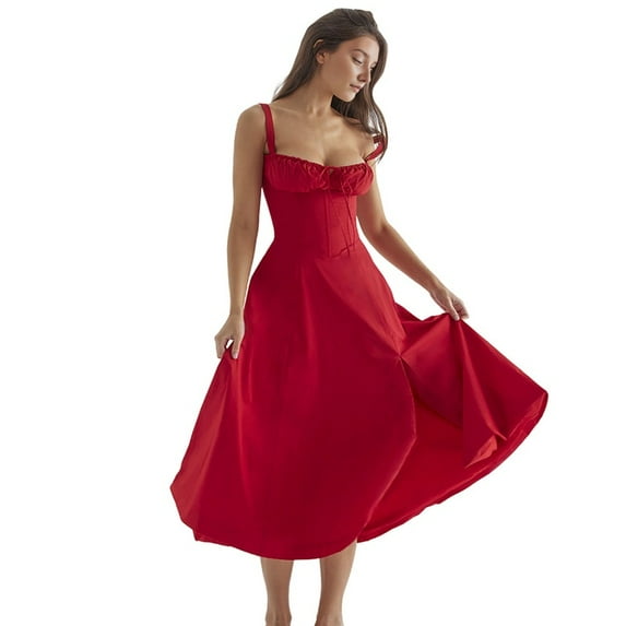 Women'S Summer Midi Corset Boho Dresses Casual Spaghetti Straps Lace Up Dress Flowy Aline Beach Sundress Red S