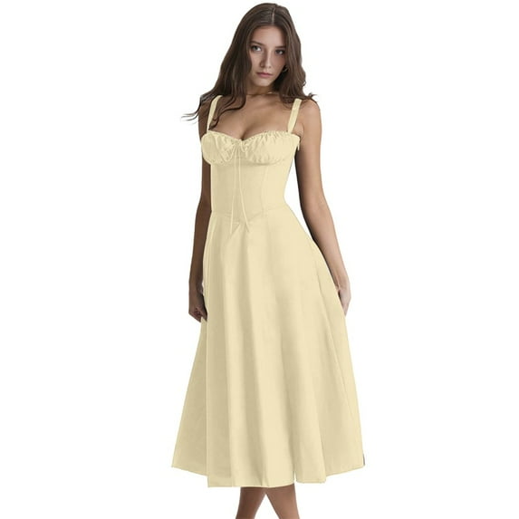 Women'S Summer Midi Corset Boho Dresses Casual Spaghetti Straps Lace Up Dress Flowy Aline Beach Sundress Yellow S