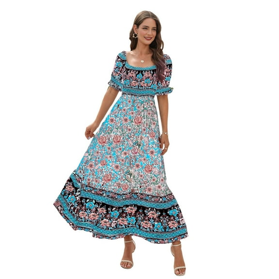 Women'S Summer Off Shoulder Boho Floral Print Tiered Casual Flowy Long Maxi Dress Blue XL