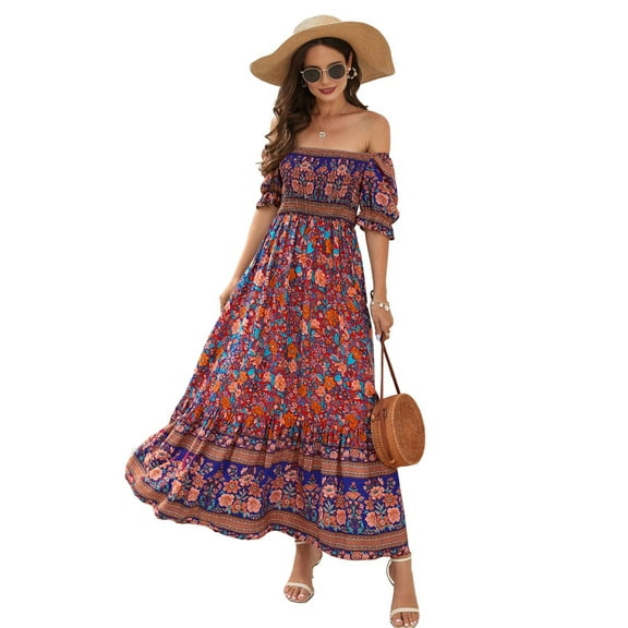 Women'S Summer Off Shoulder Boho Floral Print Tiered Casual Flowy Long Maxi Dress Red Bottom XL