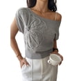 thumbnail image 1 of Women'S Summer Off Shoulder Floral Sweaters Cap Sleeve Loose Knit Cute Pullover Tops Gray S, 1 of 8