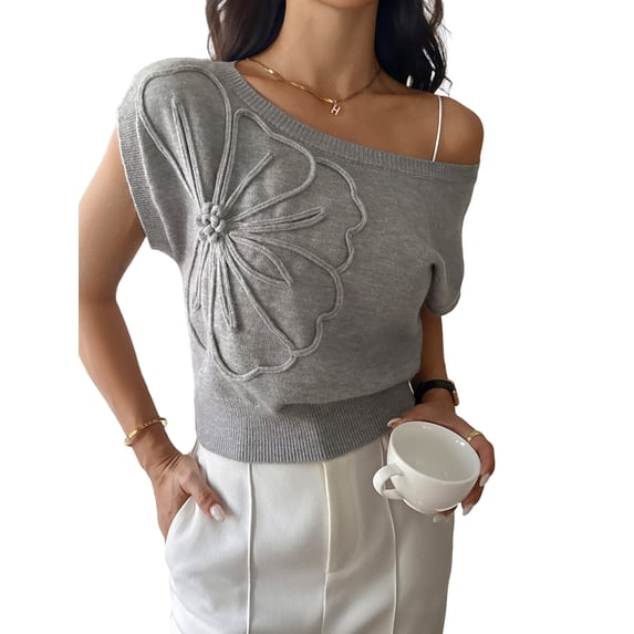 Women'S Summer Off Shoulder Floral Sweaters Cap Sleeve Loose Knit Cute Pullover Tops Gray S