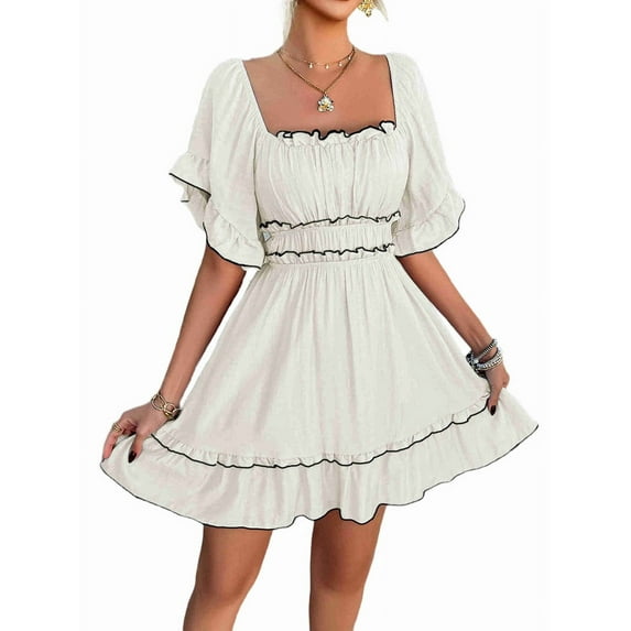 Women'S Summer Off Shoulder Mini Dress Ruffle Sleeve Elastic Waist Ruffle Hem Cute Beach Elegant Short Dresses Apricot M