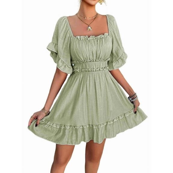 Women'S Summer Off Shoulder Mini Dress Ruffle Sleeve Elastic Waist Ruffle Hem Cute Beach Elegant Short Dresses Green XL