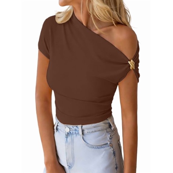 Women'S Summer Off the Shoulder Crop Tops Going Out Fitting T Shirts Trendy Spring Y2k Clothes Brown M