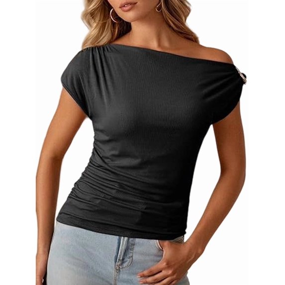 Women'S Summer Off the Shoulder Crop Tops Ribbed Going Out Fitting T Shirts Y2k Clothes Black L