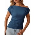 thumbnail image 1 of Women'S Summer Off the Shoulder Crop Tops Ribbed Going Out Fitting T Shirts Y2k Clothes Navy Blue M, 1 of 7