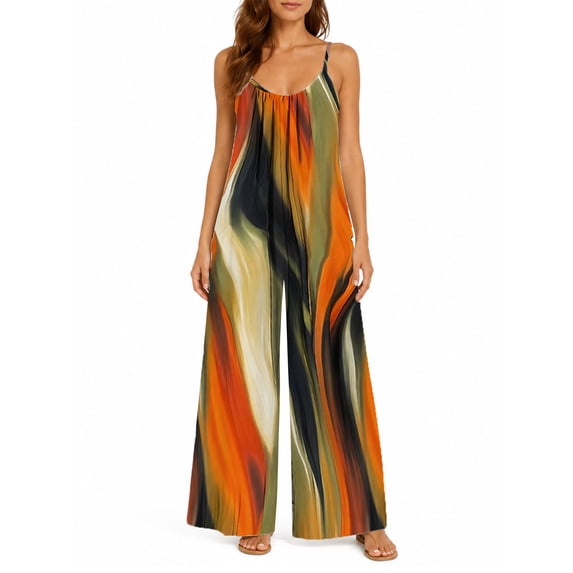 Women'S Summer Orange-Brown Stripes Wide Leg Jumpsuit Casual Loose Sleeveless Spaghetti Strap Romper With Pockets