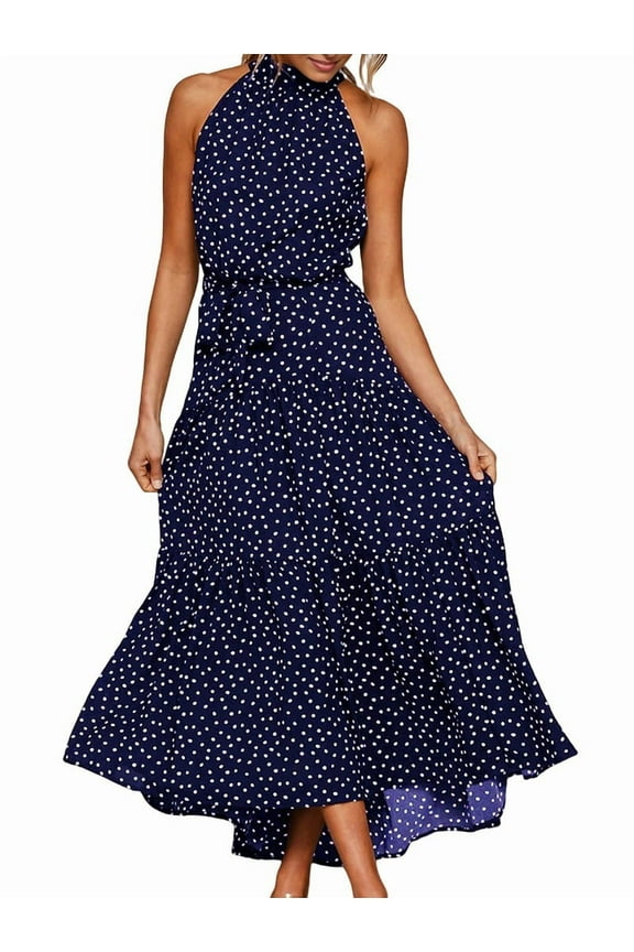 Women'S Summer Polka Dot Print Maxi Sun Dress Sleeveless Halter Neck Flowy Ruffle Hem Long Boho Dresses with Belt Blue S
