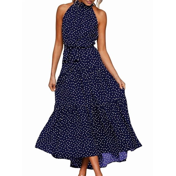 Women'S Summer Polka Dot Print Sleeveless Halter Neck Flowy Ruffle Hem Long Boho Dresses with Belt Blue XL