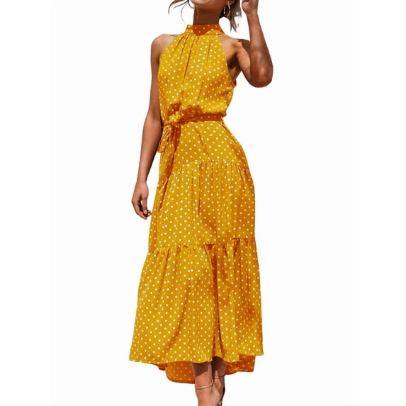 Women'S Summer Polka Dot Print Sleeveless Halter Neck Flowy Ruffle Hem Long Boho Dresses with Belt Yellow XL