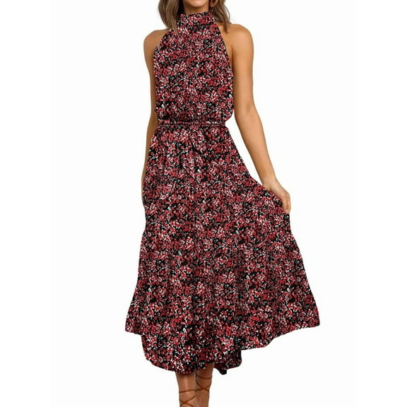 Women'S Summer Polka Dot Print Sleeveless Halter Neck Flowy Ruffle Hem Long Boho Dresses with Belt