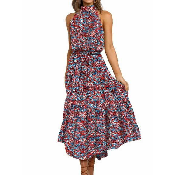 Women'S Summer Polka Dot Print Sleeveless Halter Neck Flowy Ruffle Hem Long Boho Dresses with Belt