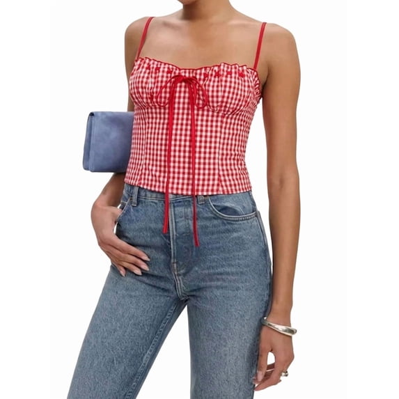 Women'S Summer Polka Dots Camis Top Ruched Tie Front Spaghetti Strap Going Out Tops Red S