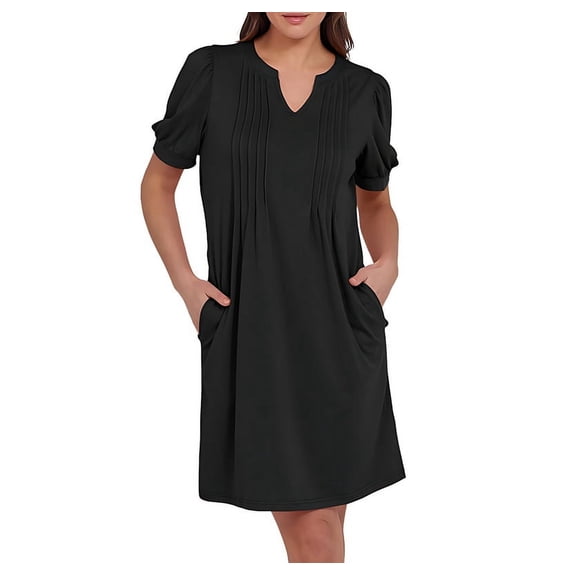 Women'S Summer Puff Short Sleeve Casual V Neck Mini Dresses 2025 Spring Pleated T-Shirt Tunic Beach Short Dress Black S