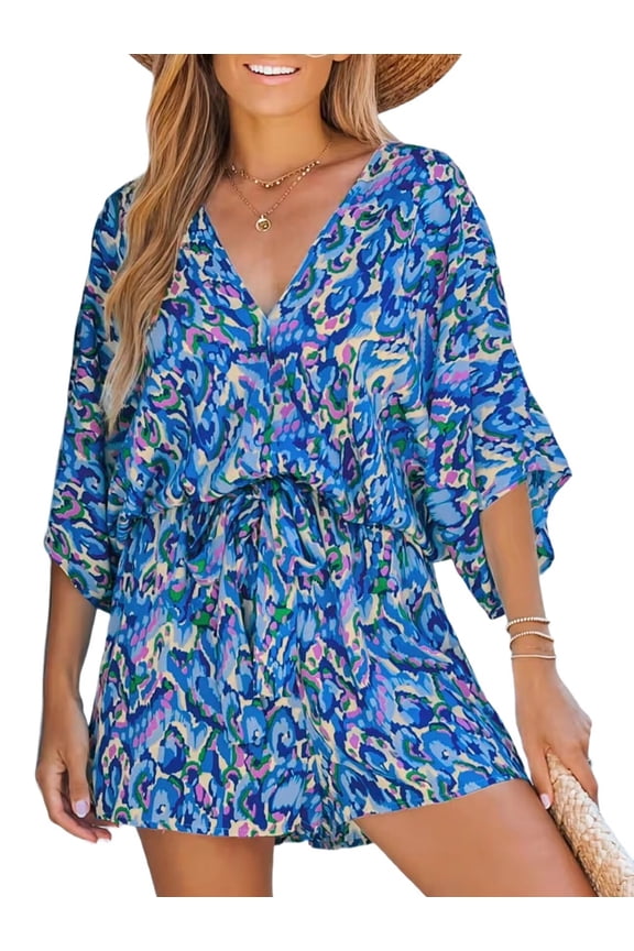 Women'S Summer Romper Lace Up Printed Half Sleeves Casual Wide Leg Mini One-Piece Jumpsuit Royal Blue S