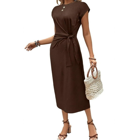 Women'S Summer Round Neck Casual Elegant Waist Tie Short Sleeve Long Dress Coffee L