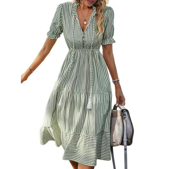 Women'S Summer Ruffle Puff Sleeve Dress Short Sleeve V Neck High Waist Casual Loose Striped Midi Dresses Green S