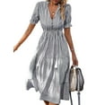 thumbnail image 1 of Women'S Summer Ruffle Puff Sleeve Dress Short Sleeve V Neck High Waist Casual Loose Striped Midi Dresses Grey S, 1 of 6