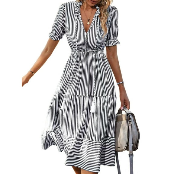 Women'S Summer Ruffle Puff Sleeve Dress Short Sleeve V Neck High Waist Casual Loose Striped Midi Dresses Grey XL