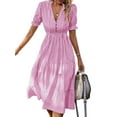 thumbnail image 1 of Women'S Summer Ruffle Puff Sleeve Dress Short Sleeve V Neck High Waist Casual Loose Striped Midi Dresses Pink M, 1 of 6